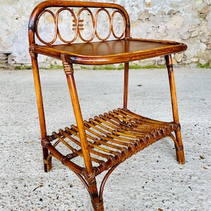 Mid-Century, Bamboo & Rattan Side Table with Magazine Rack, 1960