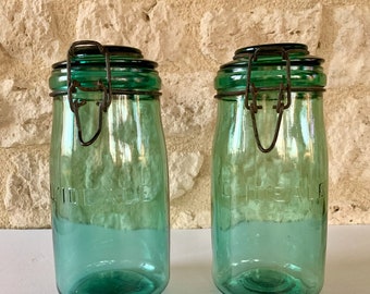 Vintage, French, Emerald Green Glass Jars by L'Ideale, 1940's, Set of 2