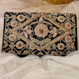 Black Velvet Evening Clutch: Gold Zardozi Embroidery, Semi-Precious Stones