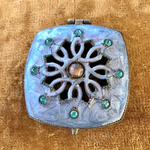 A Luxurious Square Blue Enamelled Small Jewellery or Ring Presentation Box Finished with Aquamarine Crystals.