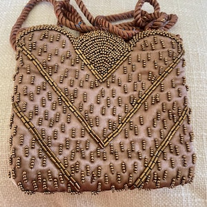 Petite Bronze Beaded Satin Shoulder Bag - Chevron Pattern