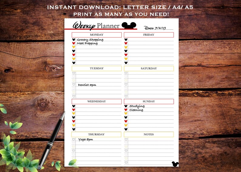 Disney Weekly Planner Printable Disney Weekday Organizer Etsy
