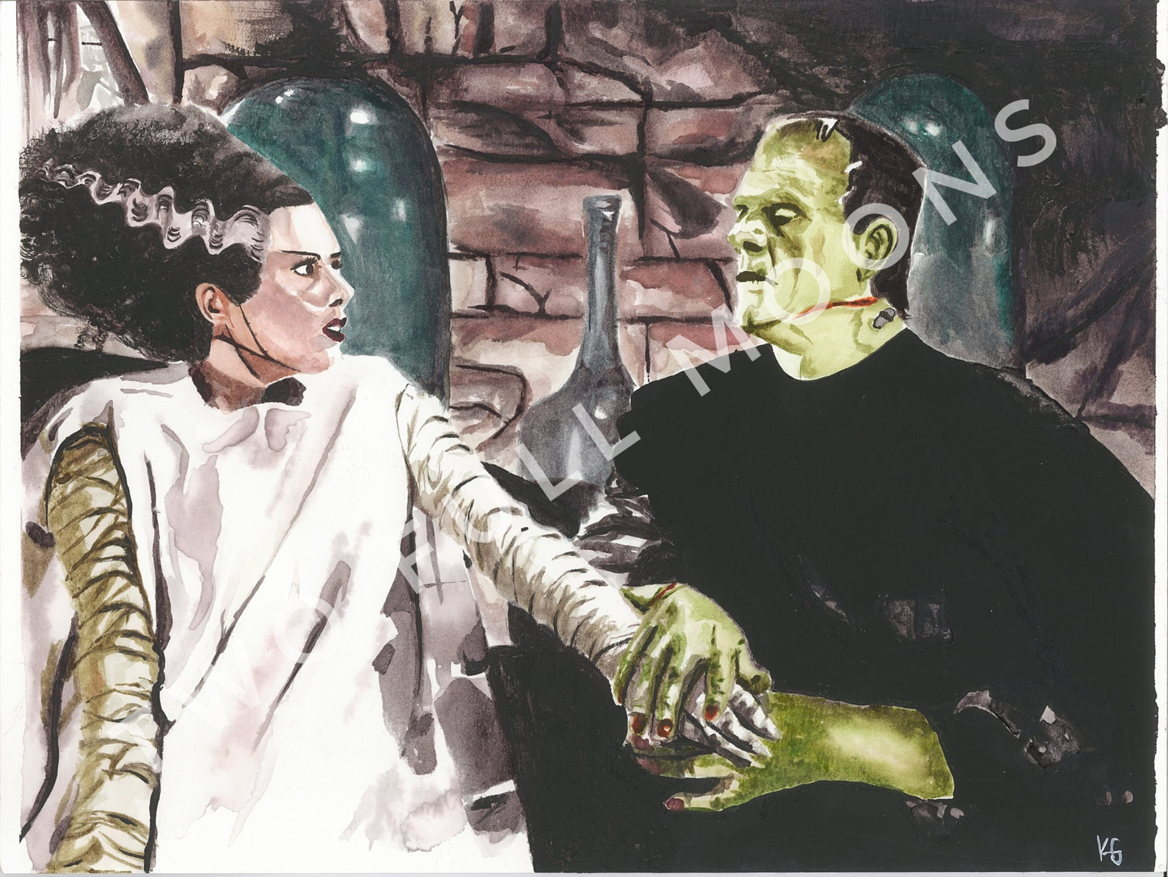 Frankenstein and bride of Frankenstein watercolor painting Etsy