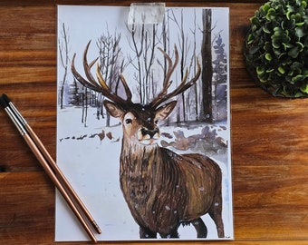 Elk in Snow Painting | Digital Download | Deer | Reindeer painting | yule art | Christmas artwork