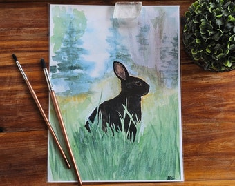 Black rabbit art print | Digital Download | Bunny painting