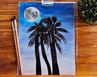 Palm Trees and Moon |Beach Art | Digital Download |  Urban Beach | sunset art print | tropical print