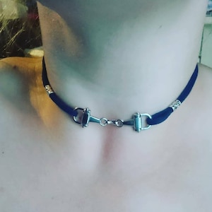 May include: A black velvet choker with silver metal accents. The choker has two silver metal clasps that are shaped like horse bits.