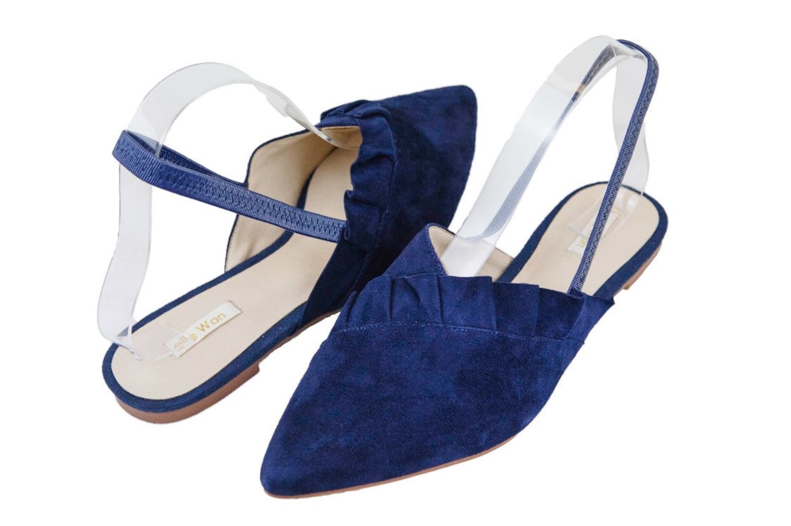 elle won navy sling-back ballet pump in denim suede leather with pleated frill detail.