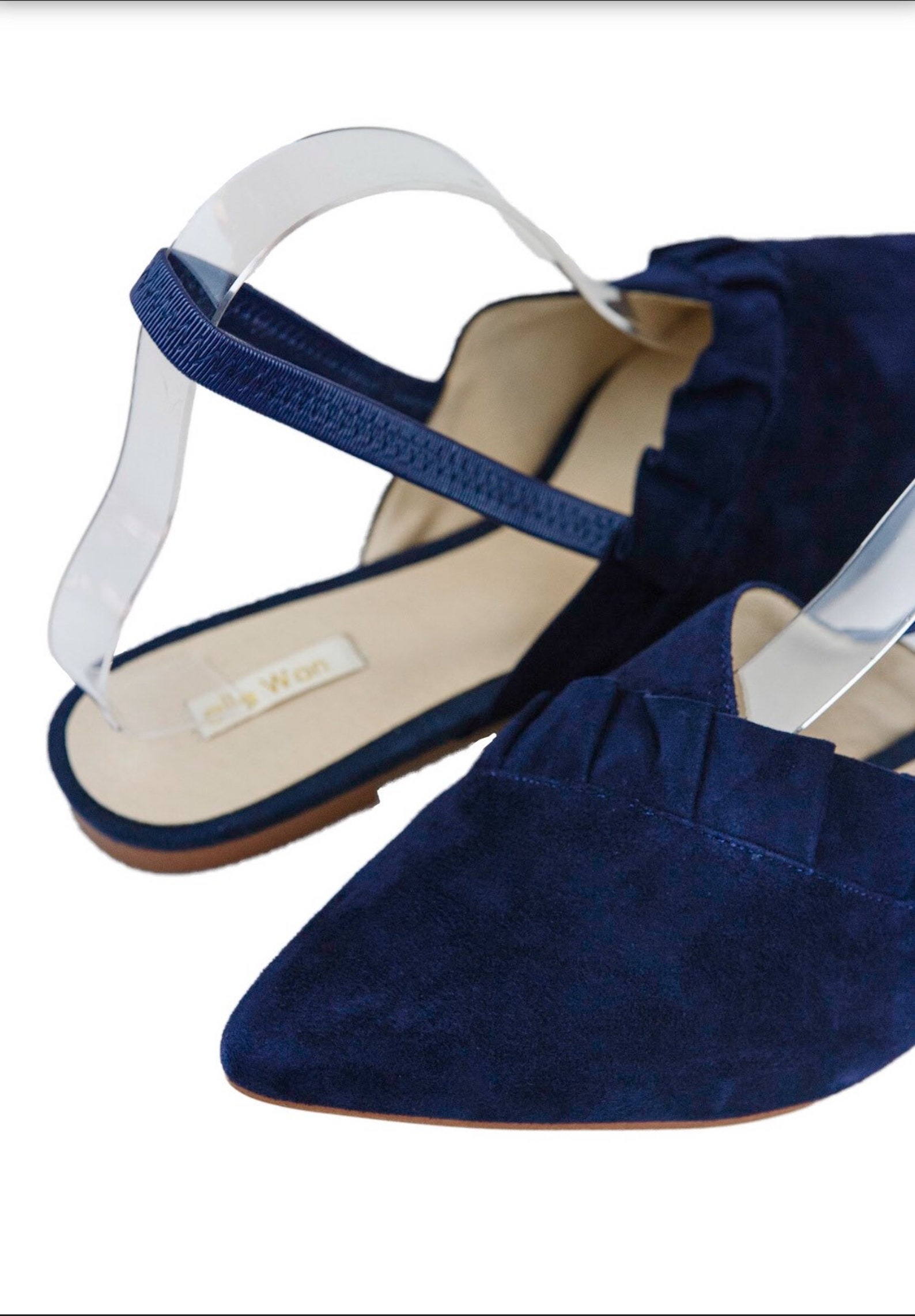 elle won navy sling-back ballet pump in denim suede leather with pleated frill detail.