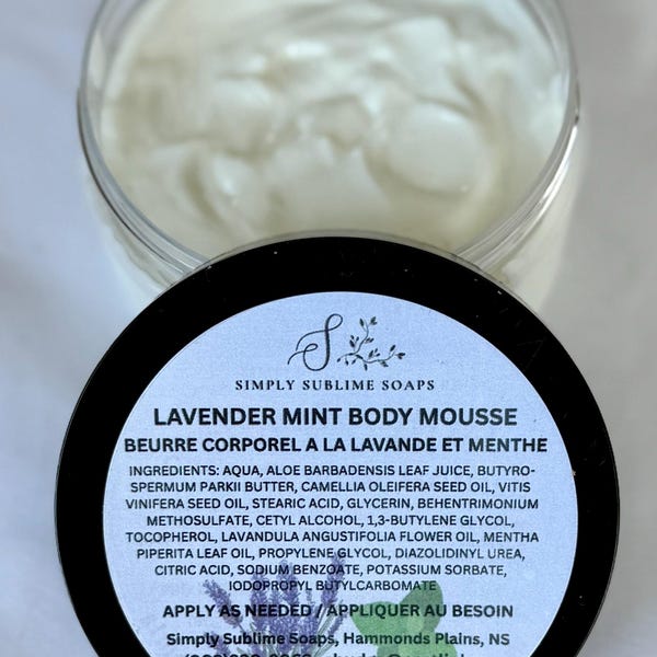 Vegan Shea Butter & Aloe Body Mousse: Lavender Mint and Lemon Rosewood Scents (237 ML/8 oz), Handmade in Nova Scotia