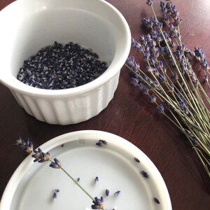 Puede incluir: Un ramequ&iacute;n de cer&aacute;mica blanca lleno de capullos de lavanda secos de color p&uacute;rpura, acompa&ntilde;ado de un manojo de tallos de lavanda secos con flores p&uacute;rpuras y una ramita de lavanda sobre una tapa circular blanca separada.