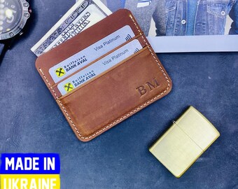 Personalized monogram leather card holder wallet, Slim card wallet