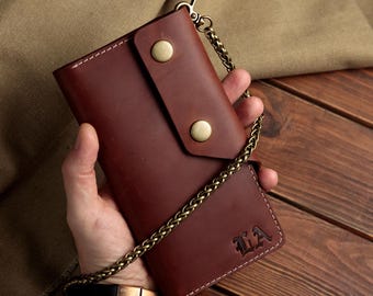 Cartera de motociclista, cartera con cadena, cartera larga de piel para hombre con cadena, monedero de camionero personalizado auténtico, cartera vaquera, cartera de motociclista