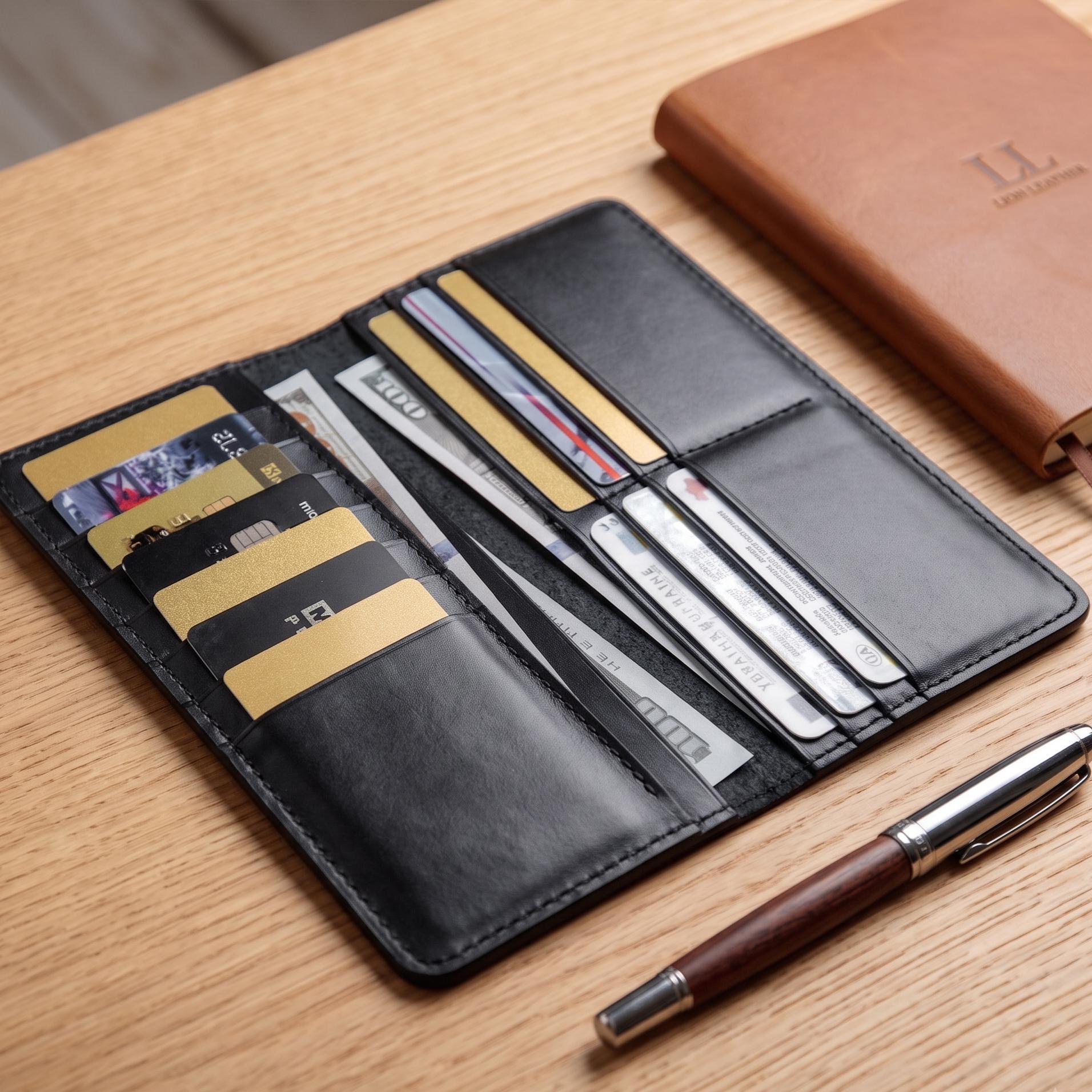 Leather Checkbook Cover Mens Long Bifold Wallet, Slim Credit Card