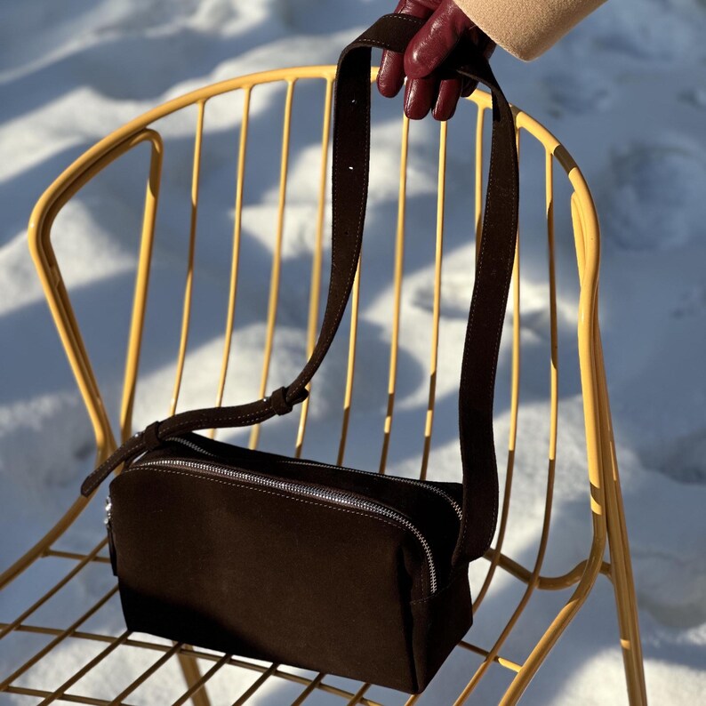 Chocolate Suede Shoulder Bag, Mini Suede Hobo Bag, Brown Underarm Purse, Premium Suede Handbag for Women, Small Slouchy Tote Bag with Zip image 5