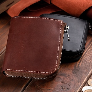 Cartera plegable de cuero pequeña personalizada con cremallera alrededor, portatarjetas de crédito con bolsillo para monedas, bolsa delgada para monedas de tarjeta, billetera con media cremallera, monedero para efectivo