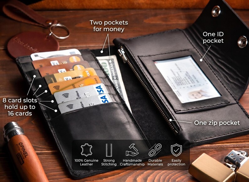 Puede incluir: Una cartera de cuero negro con ocho ranuras para tarjetas que albergan hasta 16 tarjetas, dos bolsillos para dinero, un bolsillo para identificaci&oacute;n y un bolsillo con cremallera. La cartera incluye etiquetas de texto que describen sus caracter&iacute;sticas e iconos de cuero genuino, costuras fuertes, artesan&iacute;a hecha a mano, materiales duraderos y protecci&oacute;n.