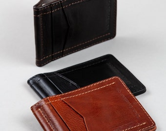 Minimalist mens wallet, slim leather front pocket wallet, personalized small business card holder with money clip