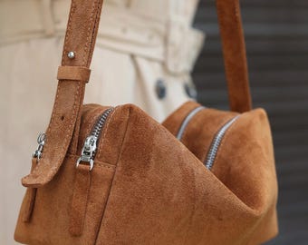 Men's Suede Crossbody Bag, Small Brown Suede Messenger, Unisex