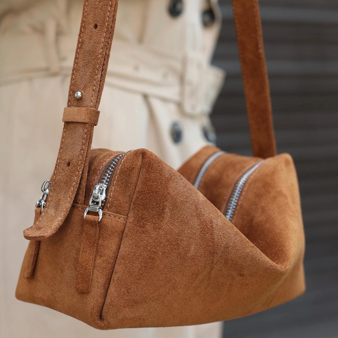 Men's Suede Crossbody Bag, Small Brown Suede Messenger, Unisex