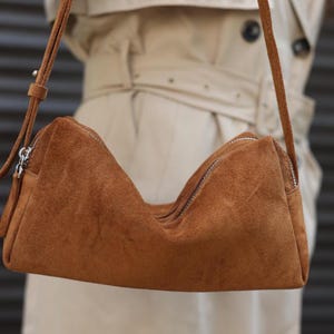 Pu&ograve; includere: Una borsa a tracolla in camoscio marrone dalla silhouette rettangolare, dotata di chiusura superiore con zip, dettagli color argento e una tracolla regolabile in camoscio coordinato. La borsa presenta una finitura morbida.