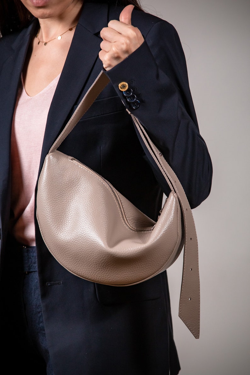Black leather crossbody bag, half moon bag, moon handbag, women's leather purse, crescent shaped moon bag, dumpling bag, banana bag image 6