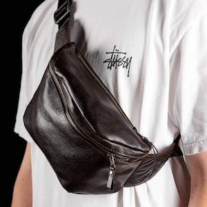 Leather Fanny Pack, Custom Chocolate Bum Bag, Mens Sling Bag, Black Belt Bag, Leather Crossbody Bag, Banana Bag With Zipper, Gifts for him