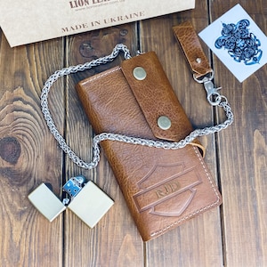 Cartera con cadena, Cartera motera personalizada, Cartera larga de piel estilo camionero con agujero para cadena, Cartera de moto, Cartera gótica