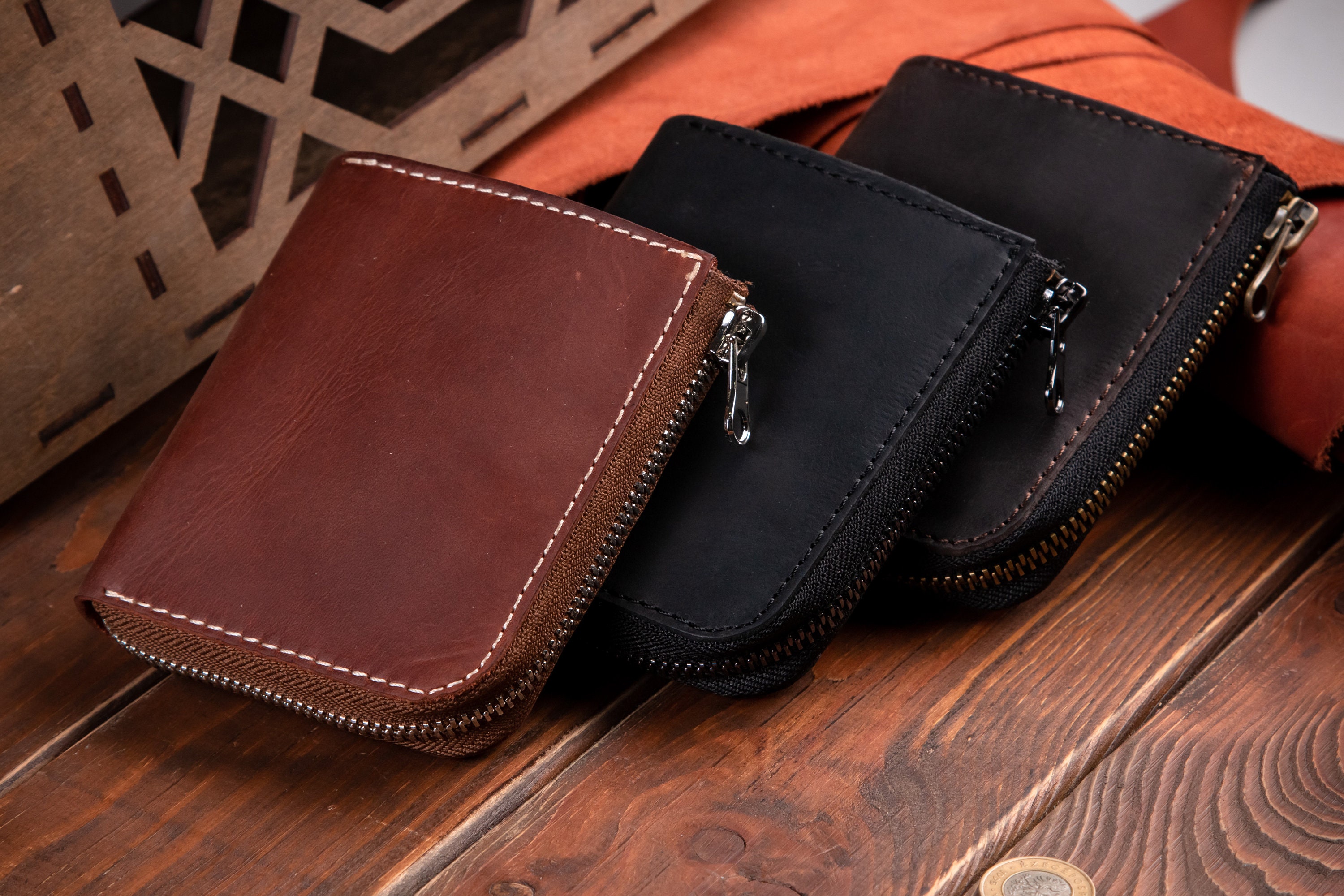 Small Leather Zip Wallet, Personalized Cash Wallet, Engraved Card ...