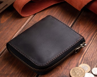 Mens zip up wallet, holder of credit card with coin pouch, small leather zip around wallet, minimalist zip business card purse, gift for him