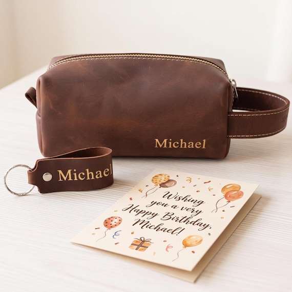 Personalized Leather Toiletry Bag for Men, Custom Leather Dopp Kit, Mens Travel Wash Bag, Engraved Shaving Bag, Anniversary Gift for Husband
