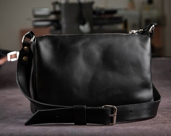 Small leather cross body purse with strap, handmade black leather shoulder bag for women, crossbody sack handbag