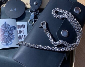 Biker wallet, men's genuine leather long wallet with chain, personalized trucker purse with id window