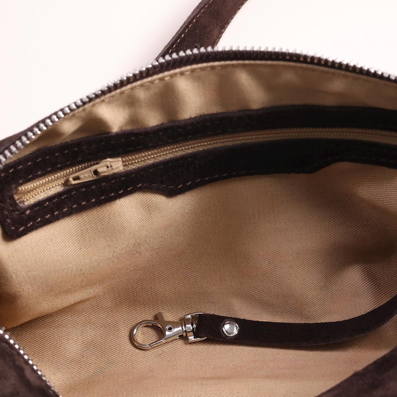 Chocolate Suede Shoulder Bag, Mini Suede Hobo Bag, Brown Underarm Purse, Premium Suede Handbag for Women, Small Slouchy Tote Bag with Zip image 20