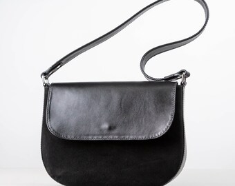 Leather purse shoulder bag, small women suede hobo bag, black shoulder handbag, little messenger bag ladies