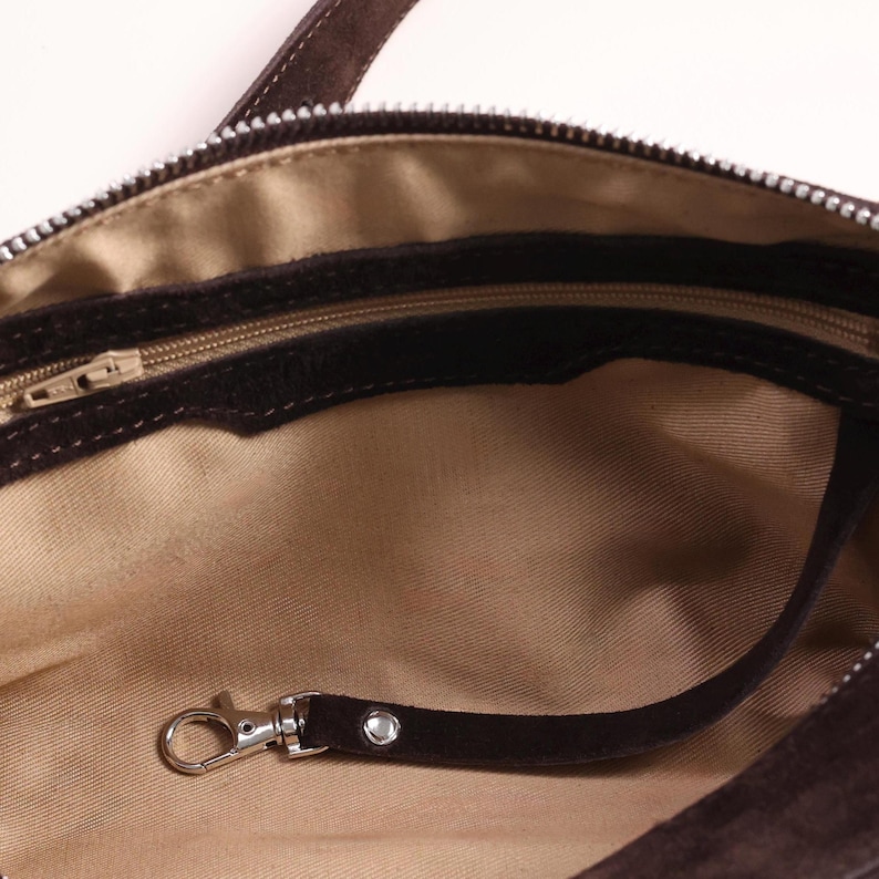 Borsa bowling in pelle scamosciata, borsa cilindrica in pelle scamosciata color cioccolato, piccola borsa morbida con doppia cerniera, borsone in pelle scamosciata di alta qualità, borsa a mano marrone immagine 5