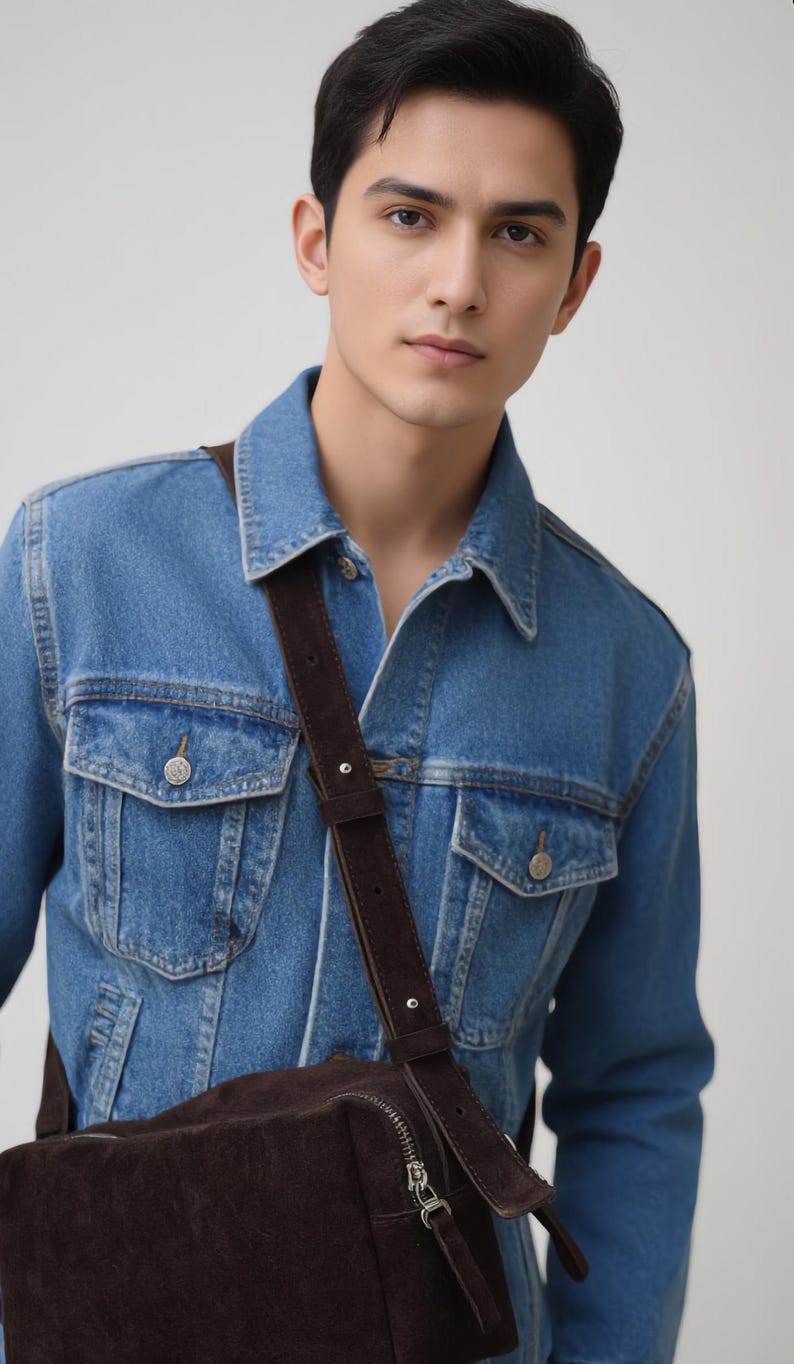 Pu&ograve; includere: Una giacca in denim blu con colletto classico, due tasche sul petto con chiusura a bottone e maniche lunghe, indossata con una borsa a tracolla in camoscio marrone scuro con tracolla regolabile e chiusura a zip in metallo argentato.