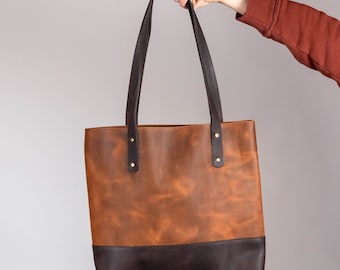 Large shoulder bag for women, leather tote bag, bucket bag with pocket, genuine leather aesthetic tote bag