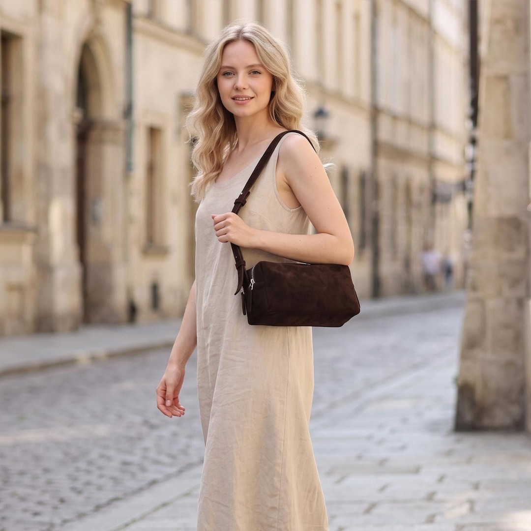 Chocolate Suede Shoulder Bag, Mini Suede Hobo Bag, Brown Underarm