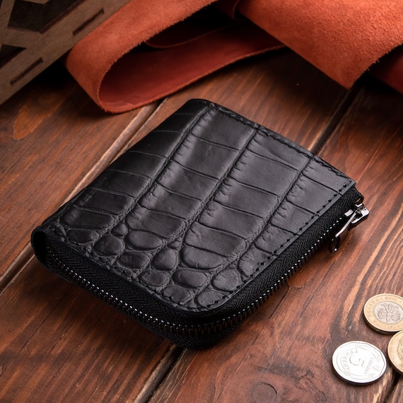 Croco Leather Zip Wallet, Embossed L Shaped Bifold with Coin Section, Mens Personalized Zipper Card Holder, Alligator Texture Gift for Him