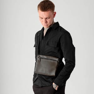Black leather crossbody bag, messenger bag for men, purse shoulder bag, small leather bag men tote, rectangular bag, gifts for him image 14