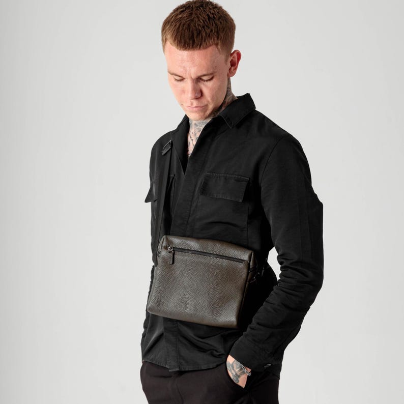 Black leather crossbody bag, messenger bag for men, purse shoulder bag, small leather bag men tote, rectangular bag, gifts for him image 14