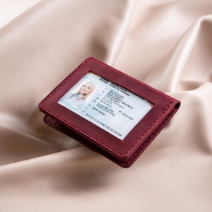 Cartera de cuero para identificación, cartera con foto, tarjetero personalizado, bonita cartera de bolsillo frontal con ventana para identificación, cartera delgada plegable