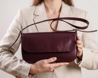 Borsa a tracolla in pelle, piccola borsa a mano bordeaux, pochette classica in pelle, regalo per il terzo anniversario di matrimonio in pelle per la moglie, borsa minimalista con manico superiore