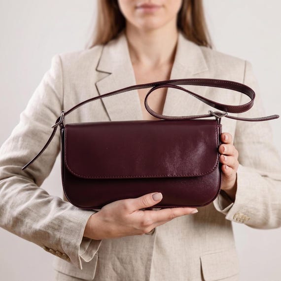 Leather Shoulder Bag, Small Burgundy Handbag, Classic Leather Clutch, 3rd Leather Anniversary Gift for Wife, Minimalist Top Handle Purse