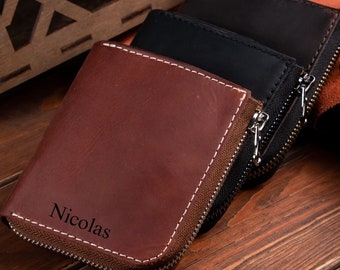 Personalized Leather Zip Wallet, Small Wallet With Coin Pocket, Cute Engraved Slim Purse With Credit Card Holder