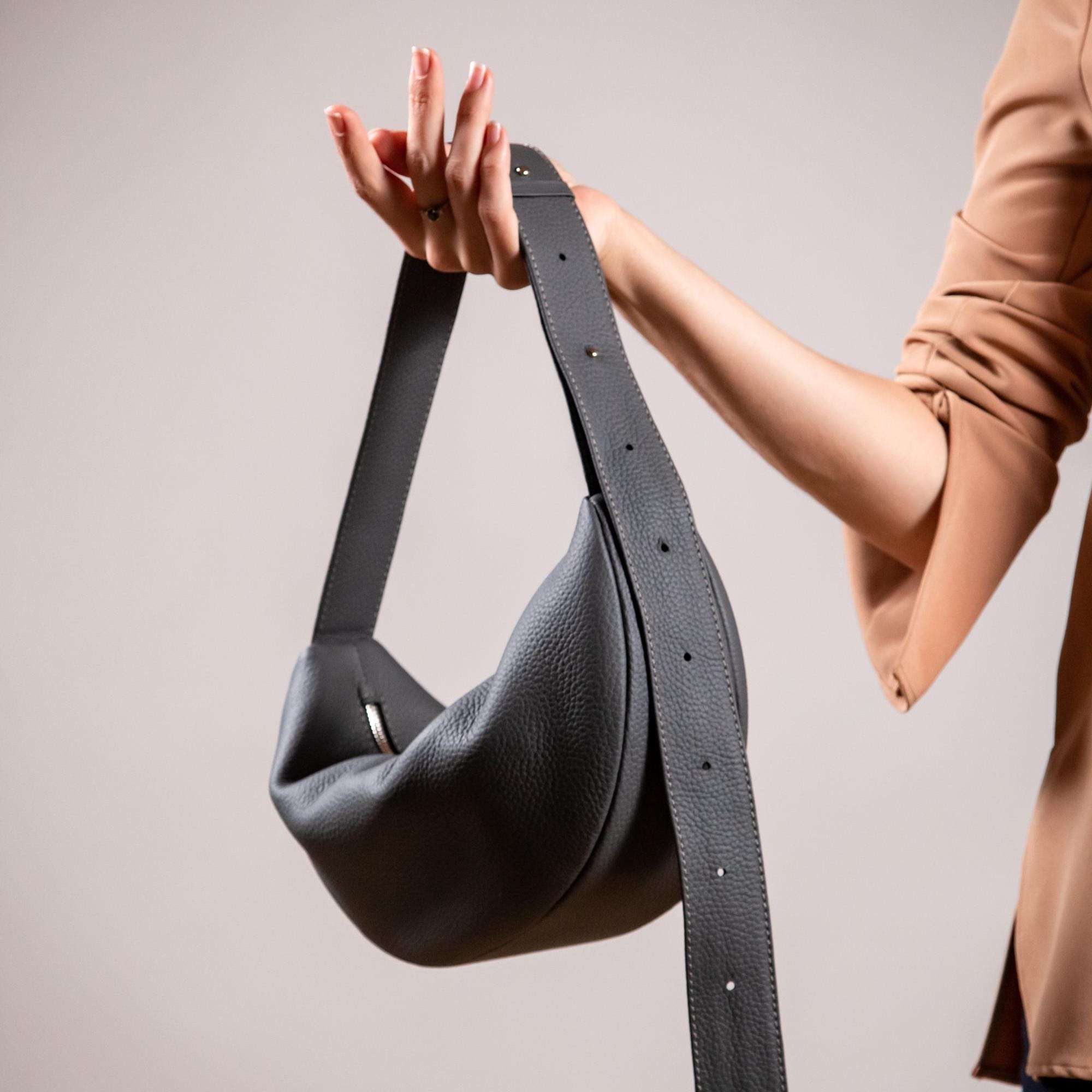 Minimalist Leather Sling Bag, Slouchy Crescent Shoulder Bag