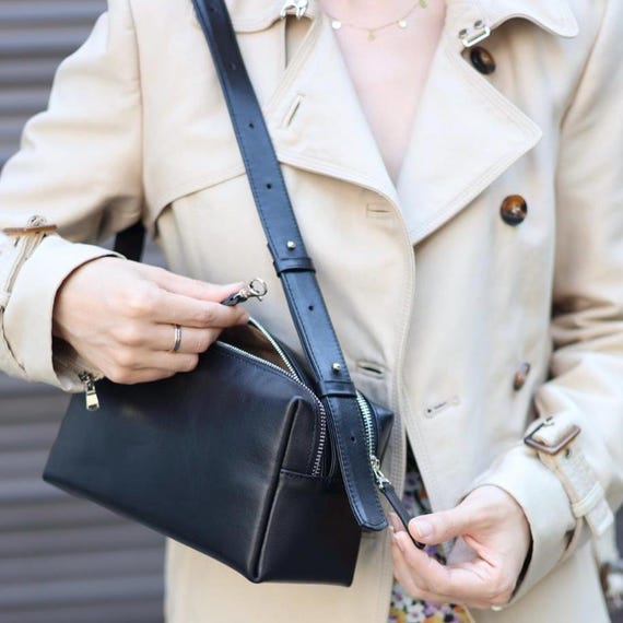 Black Leather Boston Bag Mini, Small Leather Bowling Bag with Double Zip, Minimalist Leather Shoulder Bag, Caramel Underarm Purse Bag