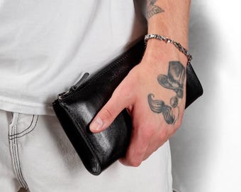 Leren clutch voor heren, portemonnee met rits, gepersonaliseerde leren lange portemonnee, iPhone-portemonneehoesje, leren reistas, cadeaus voor hem