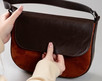 Womens leather crescent suede bag, everyday shoulder dumpling bag, baguette bag, brown clutch purse